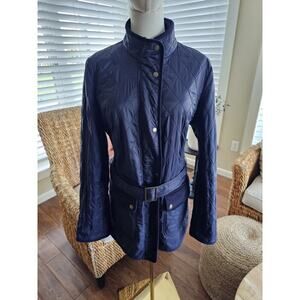 TALBOTS Navy Quilted Mid Length Barn Jacket Size L Equestrian Preppy